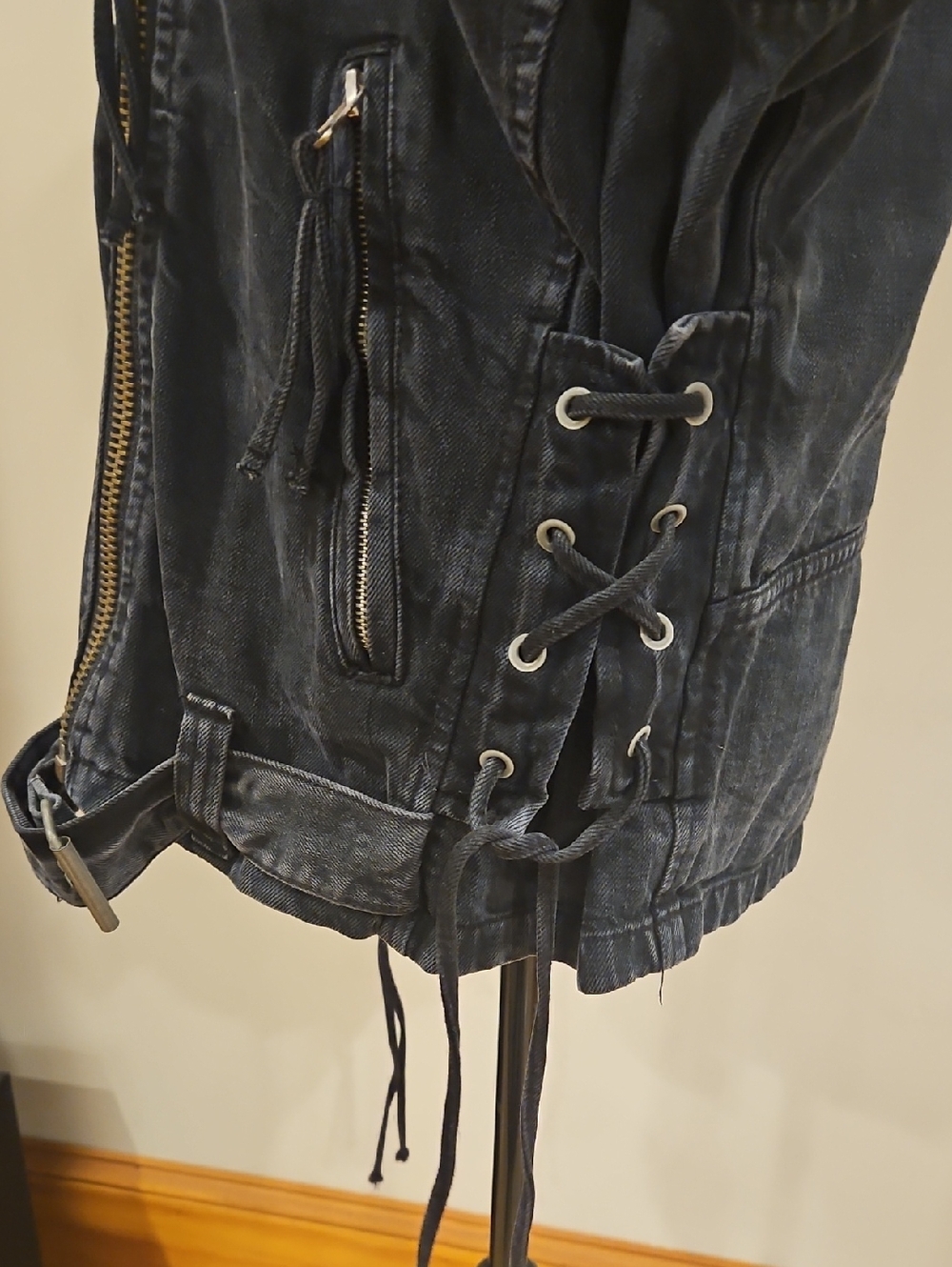 Free People Oversize Denim Motor Cycle Jacket Corsette Style Lace Sides - Picture 8 of 12